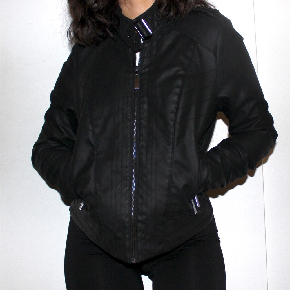 Black Aviator Cut Vegan Leather Jacket
